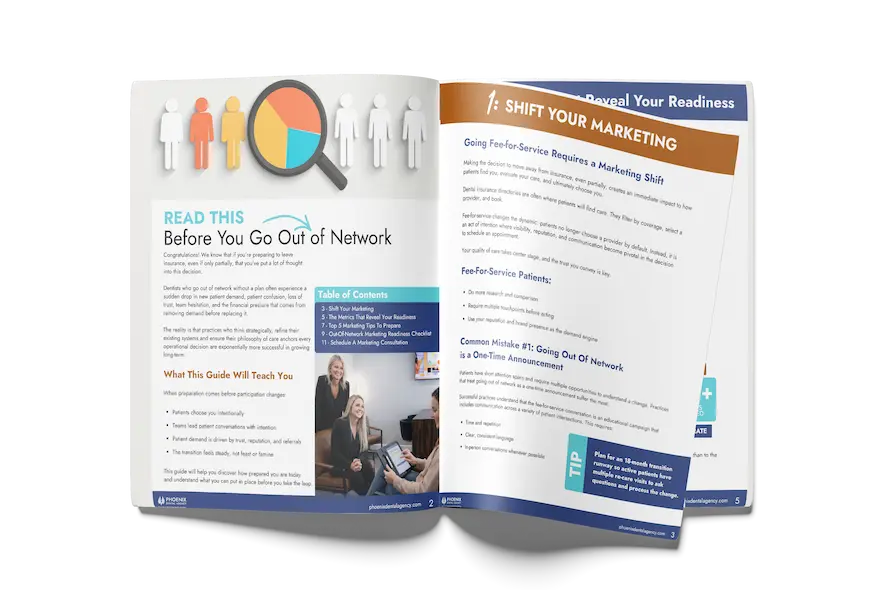 Open magazine displaying a two-page spread focused on dental marketing. The left page features a heading that reads #5 Your Patient Experience Doesn't Match Your Marketing alongside a photo of a concerned woman holding a smartphone. It includes sections titled What's Happening,Why It Hurts with a statistic showing 86%, and How to Fix It with a thumbs-up icon. The right page showcases a Sara Hansen in a blue jacket with a quote beside her photo. The content is titled Marketing From the Inside Out and is attributed to Phoenix Dental Agency. The layout uses bold typography and color blocks to emphasize key points.